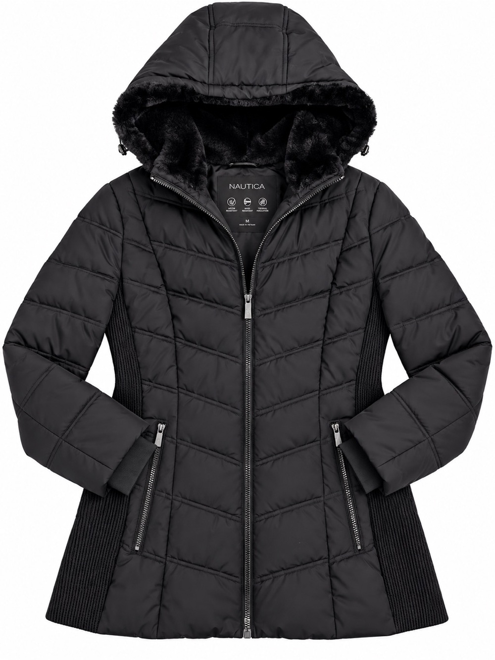Nautica Black Quilted Puffer Jacket Faux Fur Hood Women’s XXL